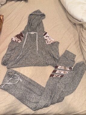 Hippie Rose Gray Track Jogger Set with Metallic Pink Accents